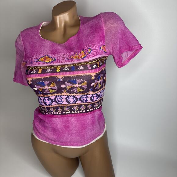 OGIRL Pink Mesh Ethnic Print Double Layer Top Sz XS Y2K Retro Indie Fairycore - Picture 8 of 8
